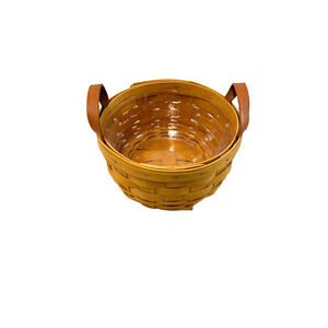 2002 Longaberger Button Basket w/2 Leather Handles Protector 7"RD x 3"H Vintage
